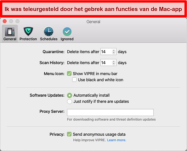 Screenshot van de macOS-interface van Vipre Advanced Security