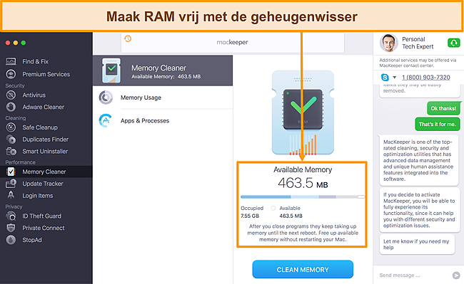 Afbeelding van MacKeeper's Memory Cleaner-interface die het RAM-gebruik identificeert