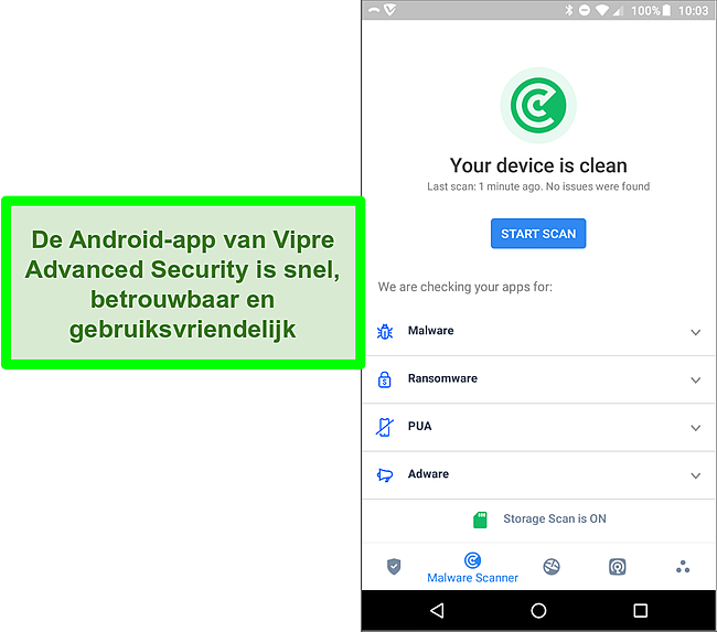 Screenshot van de Vipre Advanced Security Android-app