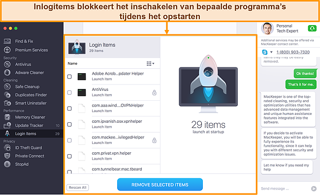 Afbeelding van de inlogitems van Mackeeper met programma's die tijdens het opstarten kunnen worden verwijderd