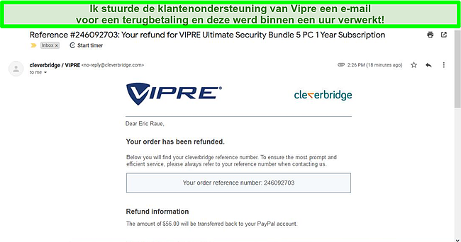 Screenshot van een terugbetalingsbericht dat via e-mail is verzonden vanuit de Vipre-ondersteuning