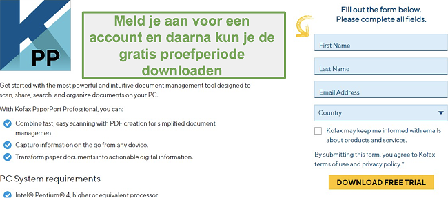 Screenshot van het registratieformulier om de gratis proefversie te downloaden