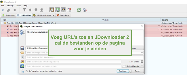 Screenshot van de JDownloader-functie voor het vinden van bestanden via URL's