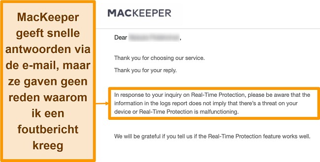 Screenshot van een e-mailgesprek met MacKeeper antivirus met betrekking tot foutberichten die tijdens de virusscan in het logboek zijn aangetroffen