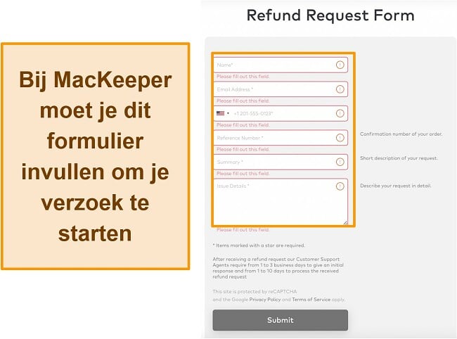 Screenshot van MacKeeper's restitutieverzoekformulier bij gebruik van de geld-terug-garantie