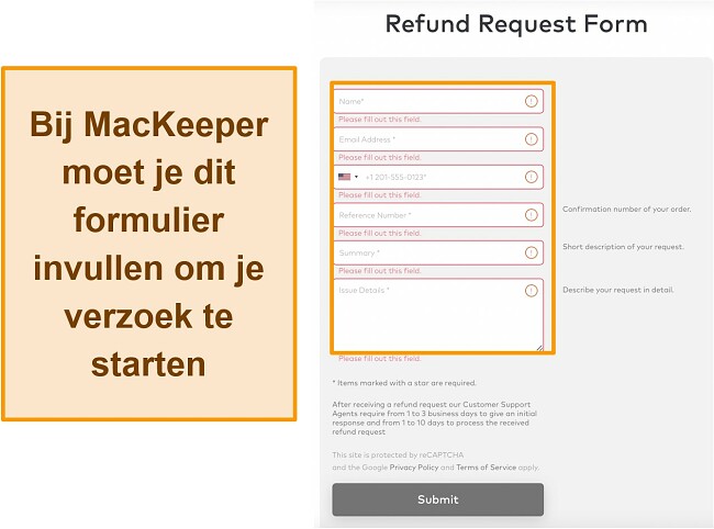 Screenshot van MacKeeper's restitutieverzoekformulier bij gebruik van de geld-terug-garantie