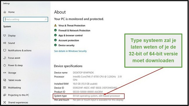 Schermafbeelding van Windows-systeeminstellingen met apparaatspecificatie
