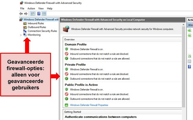 Screenshot van Windows Defender Firewall Security-instellingen