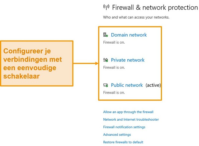 Screenshot van de firewall-instellingen van Microsoft Defender