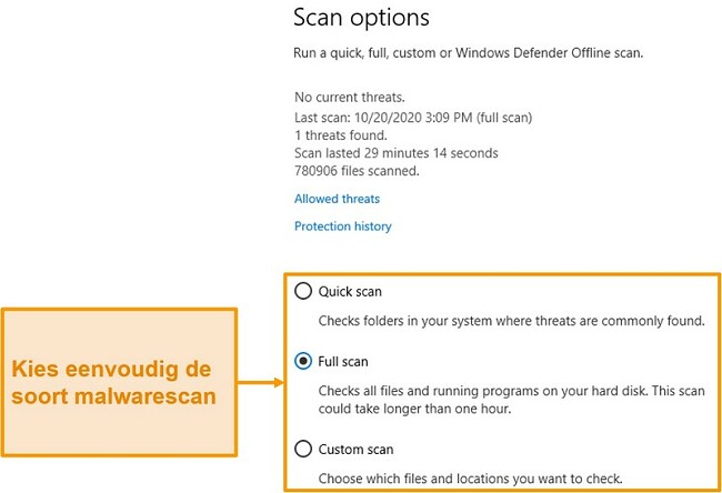 Screenshot van de scanopties van Microsoft Defender