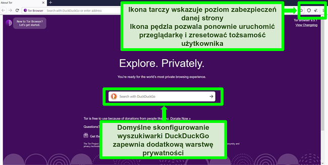 Zrzut ekranu strony głównej przeglądarki Tor z podświetlonymi ikonami i funkcjami wyszukiwarki