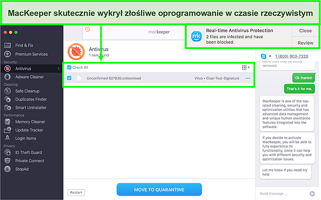 Obraz MacKeepera identyfikującego złośliwe oprogramowanie w czasie rzeczywistym