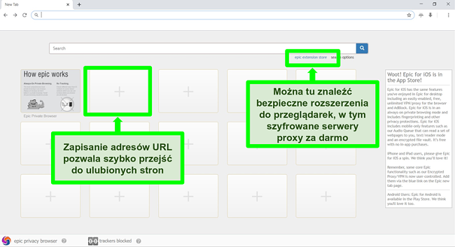 Zrzut ekranu strony głównej Epic Privacy Browser z wyróżnionymi funkcjami