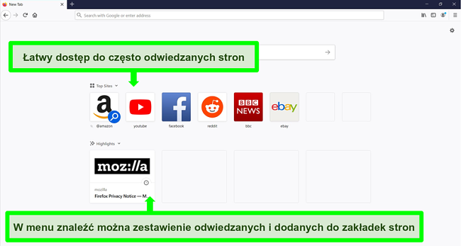 Zrzut ekranu strony głównej przeglądarki Firefox z wyróżnionymi funkcjami
