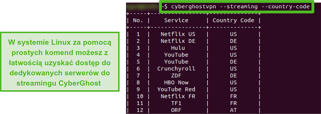 Zrzut ekranu dedykowanych serwerów strumieniowych CyberGhost w systemie Linux.