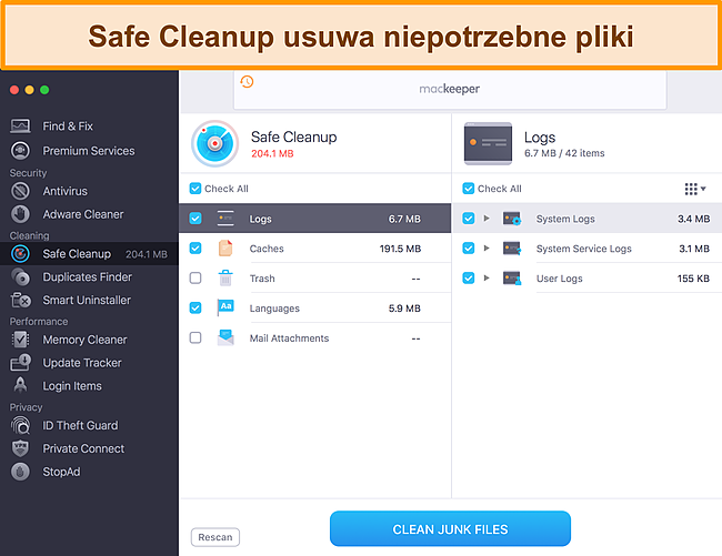 Obraz bezpiecznego czyszczenia MacKeepera identyfikującego niepotrzebne pliki do usunięcia
