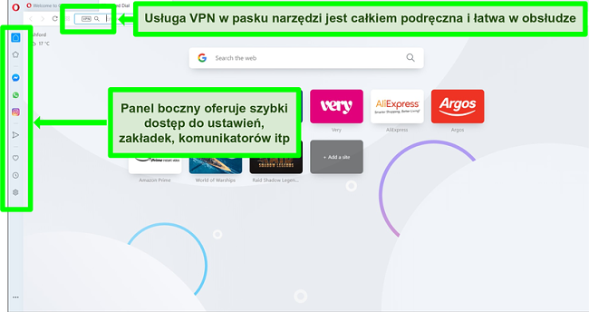 Zrzut ekranu strony głównej Opery z podświetlonym VPN i paskiem bocznym