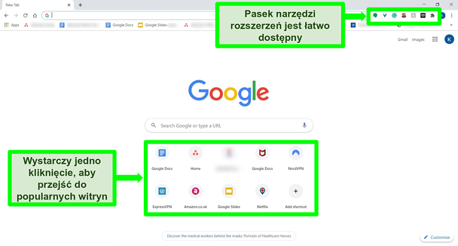 Zrzut ekranu strony głównej Google Chrome z wyróżnionymi niektórymi funkcjami