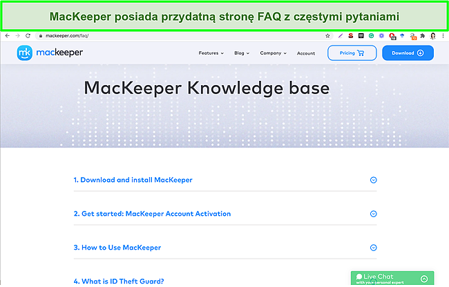 Obraz internetowej bazy wiedzy MacKeepera zawierającej przydatne odpowiedzi na często zadawane pytania