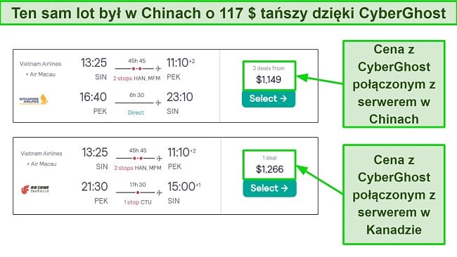 CyberGhost posiada serwery w wielu krajach o różnych poziomach dochodów, by móc znaleźć tańsze loty