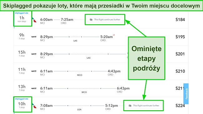 Na Skiplagged przesiadki w Twoim miejscu docelowym są oznaczone na niebiesko