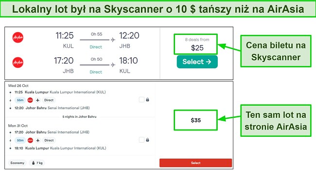 Te same bilety były tańsze na Skyscanner w porównaniu ze stroną internetową tanich linii lotniczych