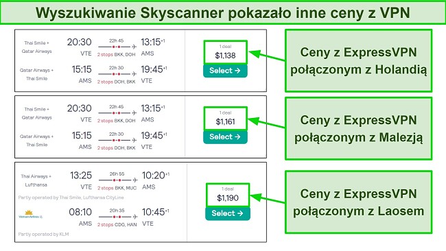 Skyscanner zmieniał ceny lotu do Amsterdamu, gdy ExpressVPN łączył się z różnymi serwerami