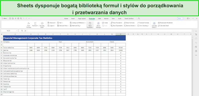 Zrzut ekranu z formułami arkusza WPS Office