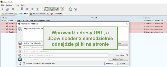 Zrzut ekranu przedstawiający funkcję wyszukiwania plików JDownloader za pośrednictwem adresów URL