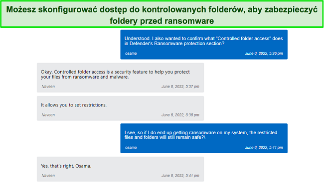 Obsługa czatu na żywo w usłudze Microsoft Defender wyjaśniająca, jak działa ochrona przed oprogramowaniem ransomware