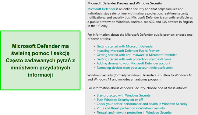 Sekcja pomocy i często zadawanych pytań programu Microsoft Defender z mnóstwem przydatnych informacji