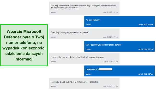 Pomoc techniczna Microsoft Defender z prośbą o podanie mojego numeru telefonu na wypadek, gdyby chcieli kontynuować