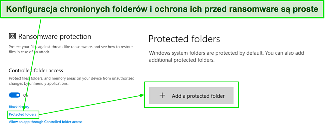 Konfigurowanie chronionych folderów w menu ochrony przed ransomware programu Microsoft Defender