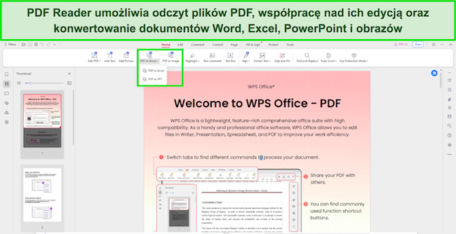 Zrzut ekranu narzędzi czytnika plików PDF WPS Office