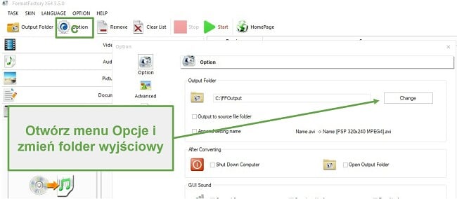 Zmień folder wyjściowy