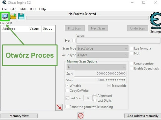 Proces otwierania Cheat Engine