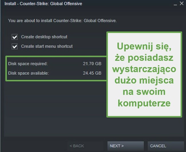 Zrzut ekranu wymagań dotyczących pobierania