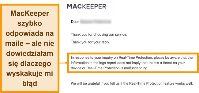 Zrzut ekranu rozmowy e-mail z programem antywirusowym MacKeeper dotyczącej komunikatów o błędach napotkanych w dzienniku podczas skanowania antywirusowego