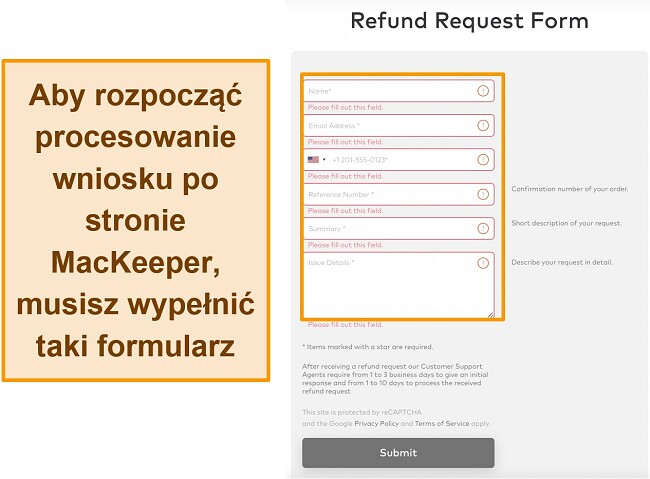 Zrzut ekranu formularza żądania zwrotu pieniędzy MacKeepera podczas korzystania z gwarancji zwrotu pieniędzy