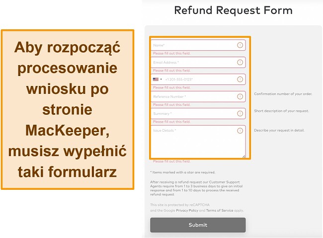 Zrzut ekranu formularza żądania zwrotu pieniędzy MacKeepera podczas korzystania z gwarancji zwrotu pieniędzy