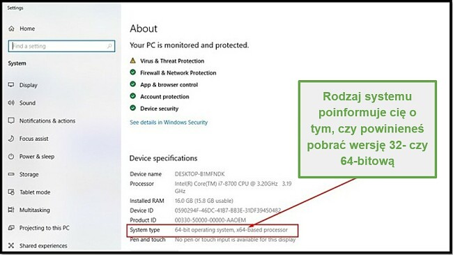 Zrzut ekranu ustawień systemu Windows przedstawiający specyfikację urządzenia