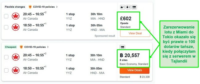 Porównanie cen trasy Miami-Tokio na serwerach w Wielkiej Brytanii i Tajlandii