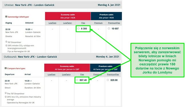 Porównanie cen lotów Nowy Jork-Londyn pokazujące różnice podczas połączenia z serwerami w Norwegii i Wielkiej Brytanii
