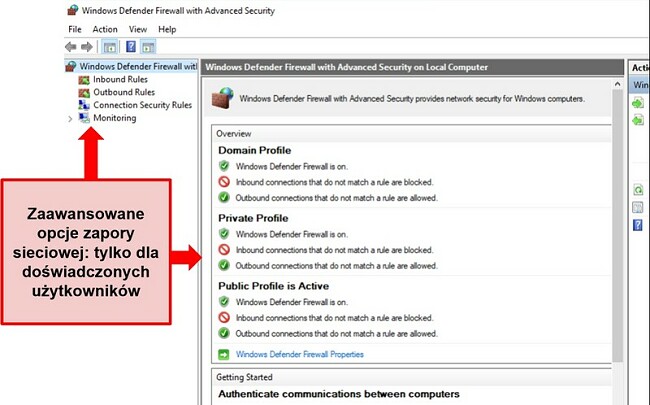 Zrzut ekranu ustawień Zapora systemu Windows Defender Security