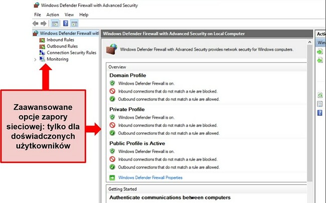 Zrzut ekranu ustawień zabezpieczeń zapory systemu Windows Defender