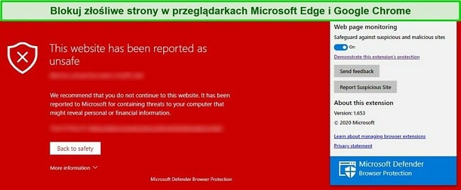 Zrzut ekranu przedstawiający program Microsoft Defender blokujący złośliwą witrynę