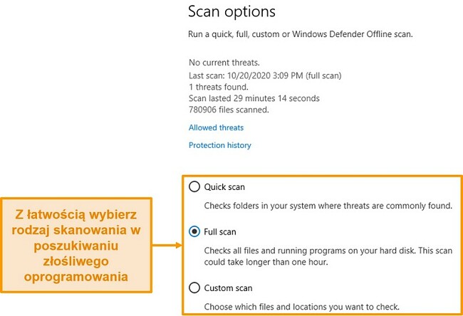 Zrzut ekranu z opcjami skanowania programu Microsoft Defender