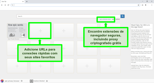Captura de tela da página inicial do Epic Privacy Browser com recursos destacados