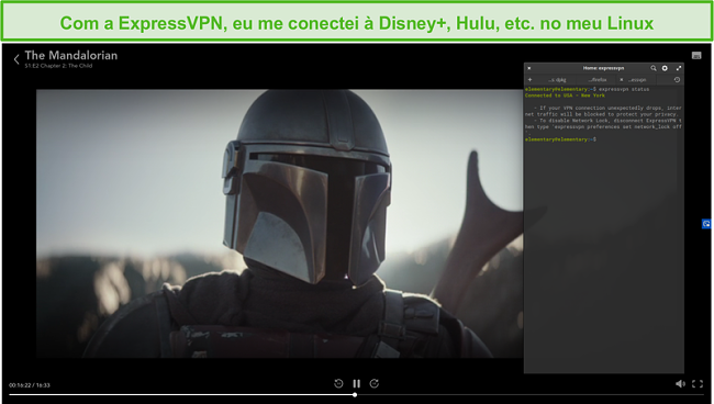 Captura de tela do ExpressVPN no Linux desbloqueando o Mandalorian da Disney + EUA.