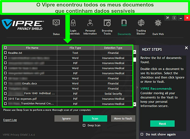 Captura de tela do scanner de documentos confidenciais do Vipre Privacy Shield
